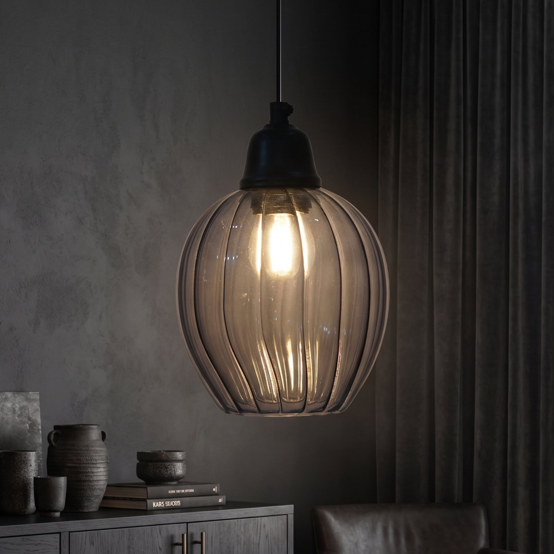 Ribbed Smoked Glass Pendant Lamp – Modern Decorative Hanging Light