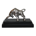 Antique Silver Bull Figurine with Wooden Base