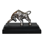 Antique Silver Bull Figurine with Wooden Base