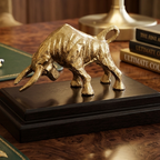 Antique Silver Bull Figurine with Wooden Base