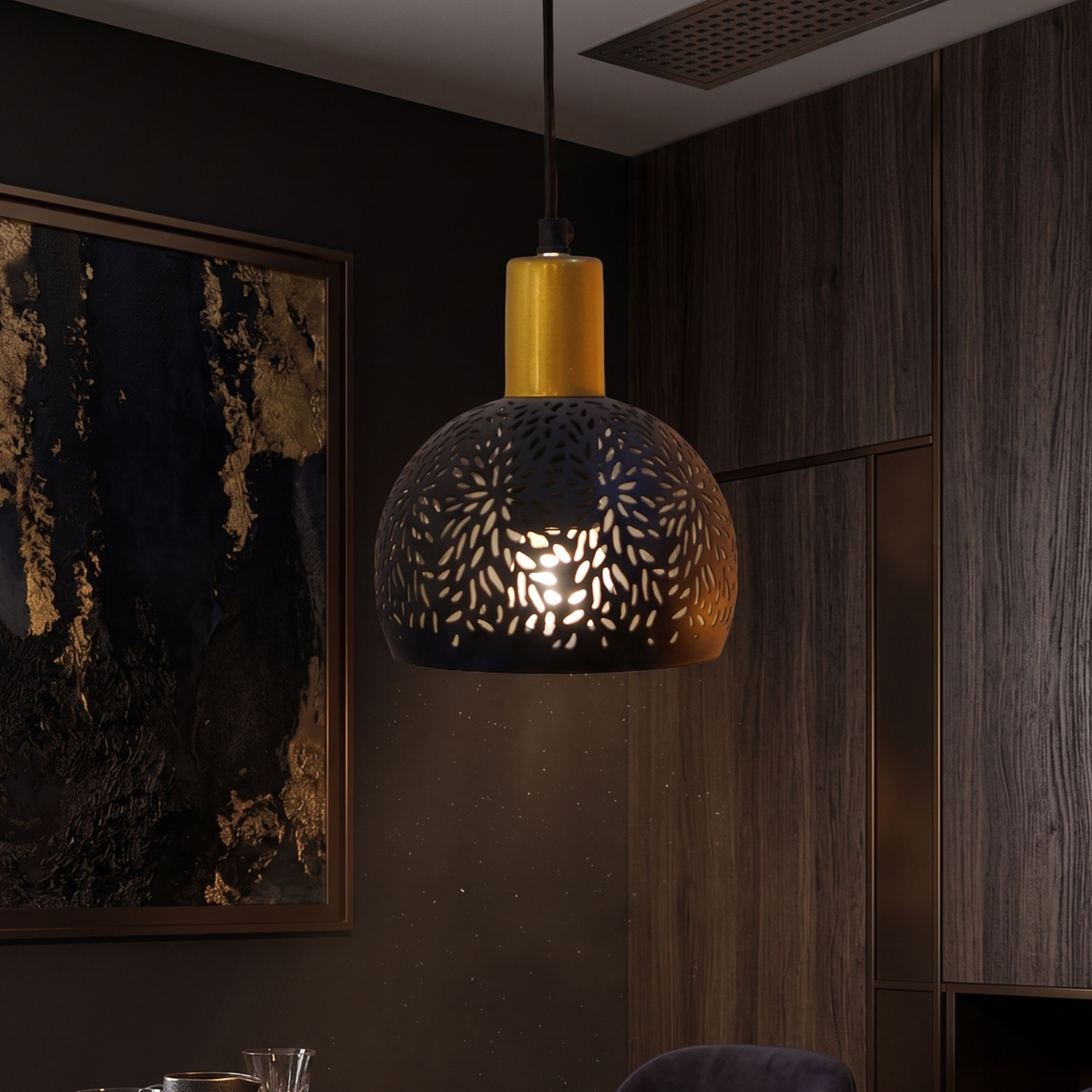 Elegant Moroccan Cutwork Hanging Pendant Light – Black & Gold Ceiling Lamp