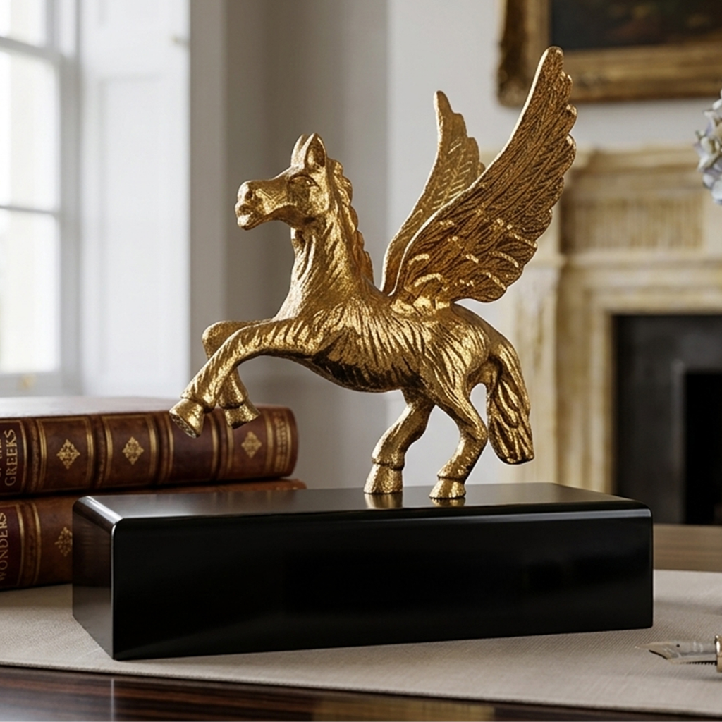 Pegasus Horse Sculpture with Wooden Base