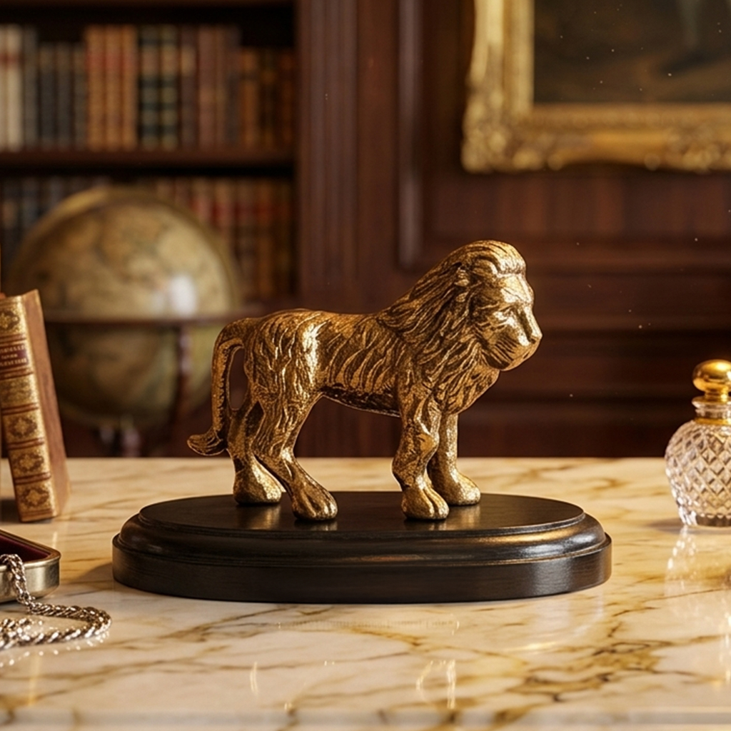 Antique Gold Lion Figurine with Wooden Base