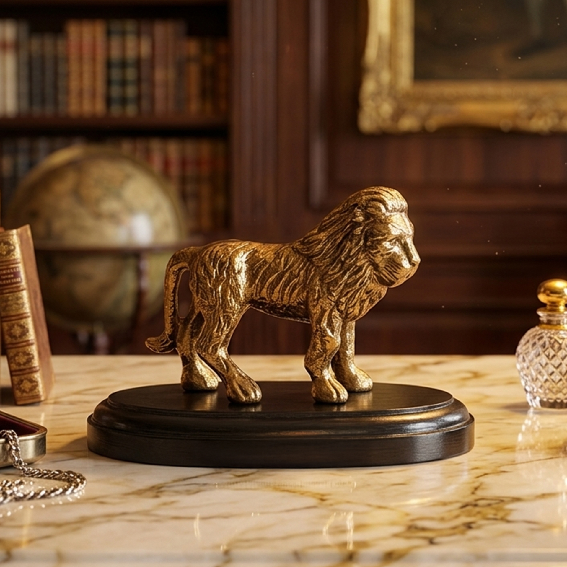 Antique Gold Lion Figurine with Wooden Base
