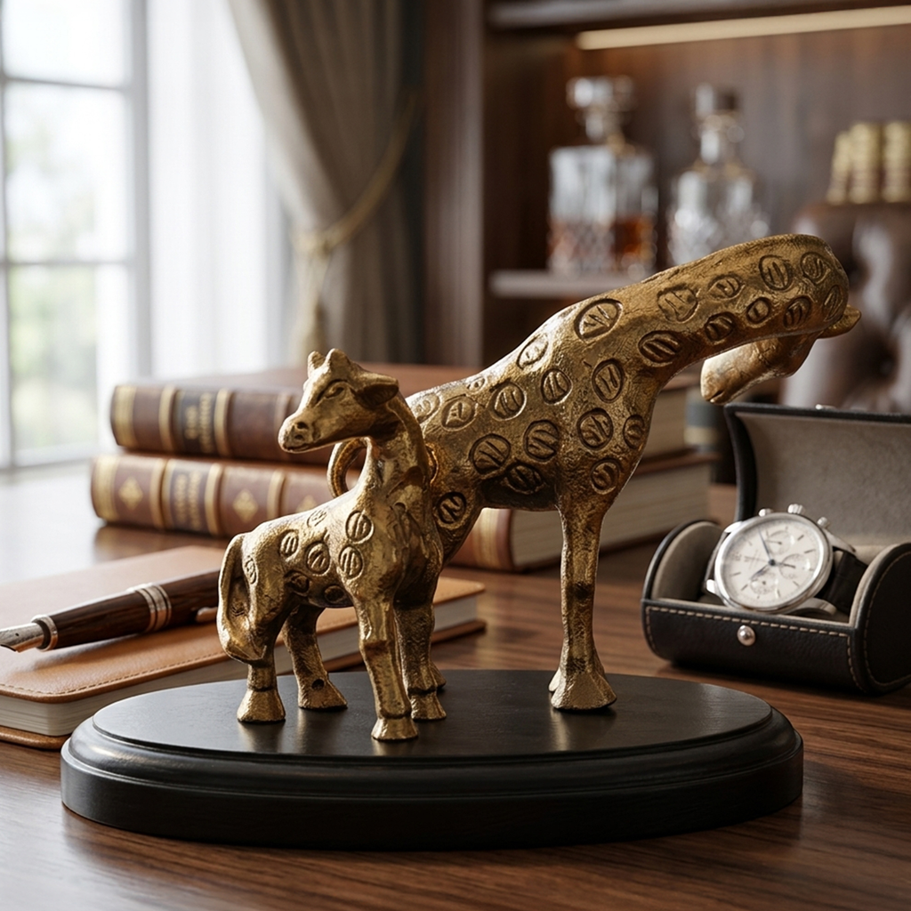 Antique Gold Giraffe Family Figurine Set with Wooden Base