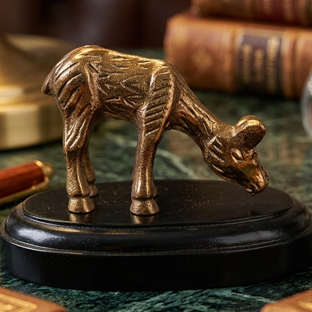Antique Gold Deer Figurine with Wooden Base