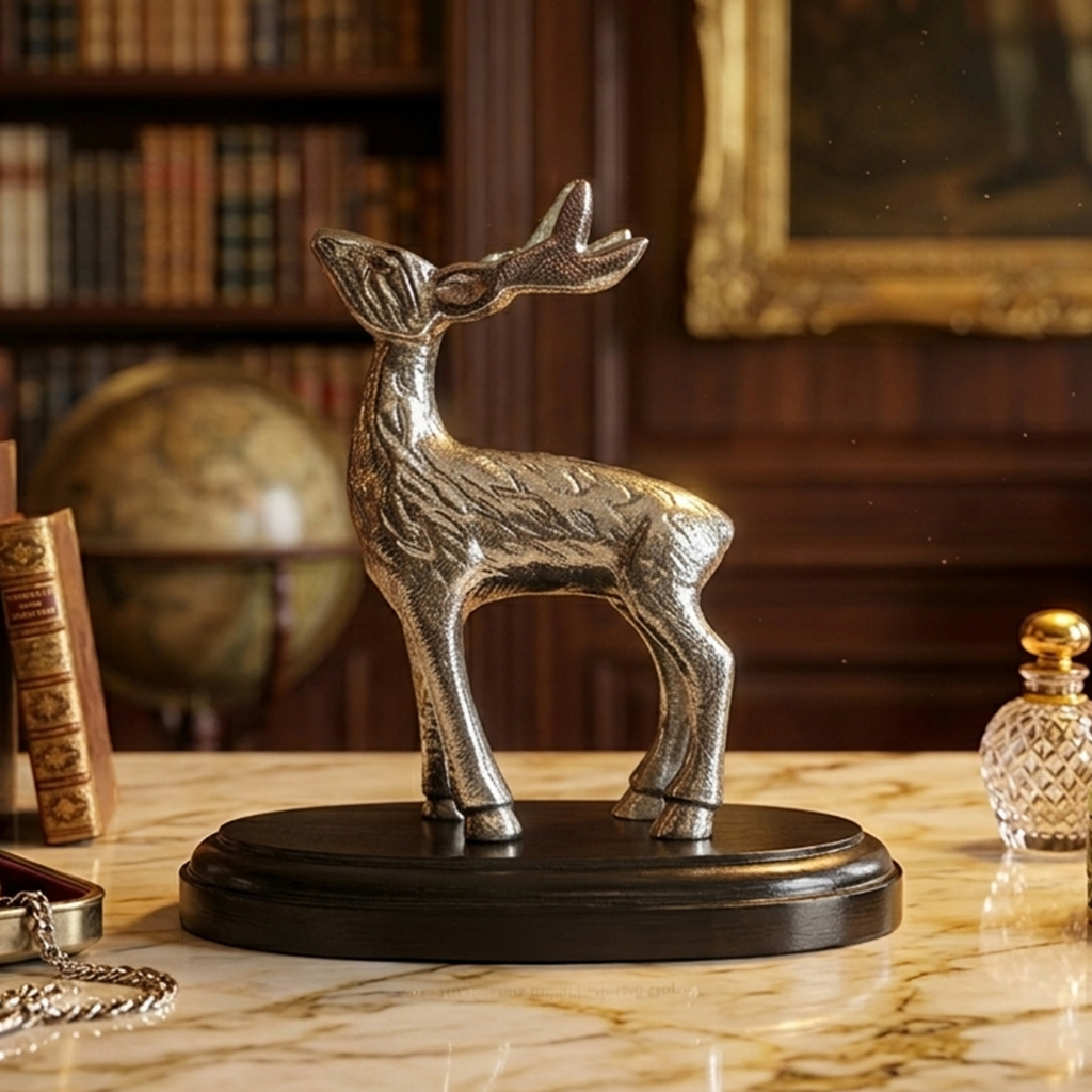 Antique Gold Stag Deer Figurine with Wooden Base