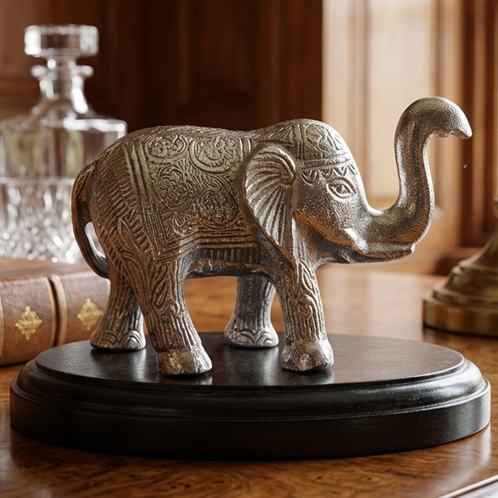 Antique Silver Elephant Figurine with Wooden Base